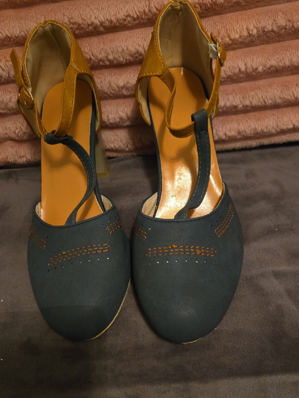 Women’s T-Strap Two-Tone Heels in Mustard and Navy Blue